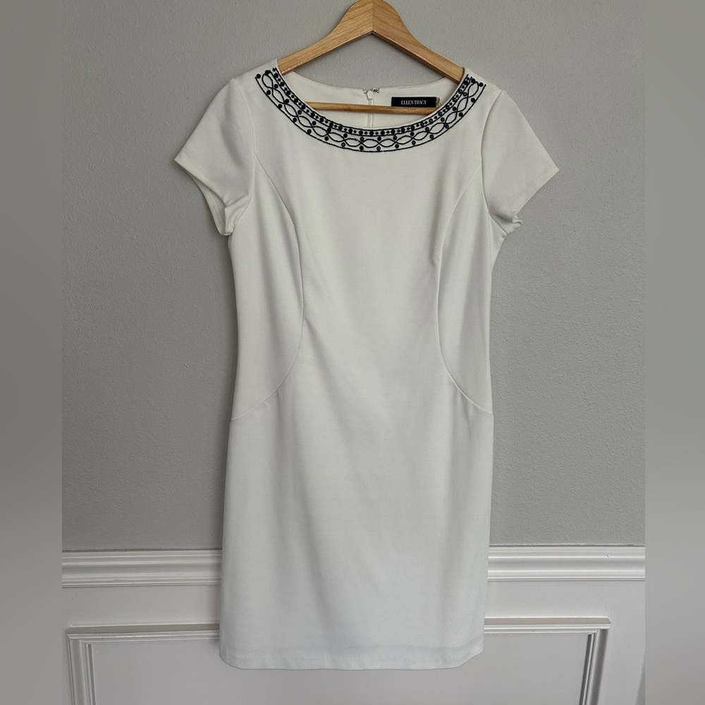 Ellen Tracy Cream Shift Dress with Black Beaded Trim